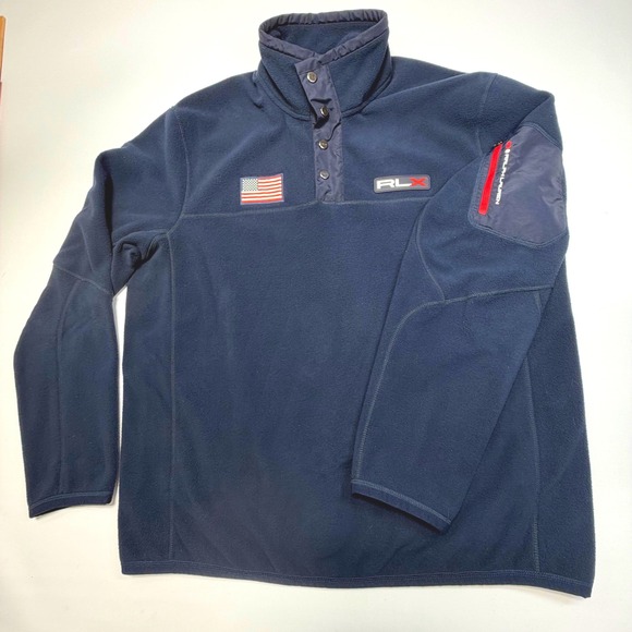 RLX Ralph Lauren Men's Fleece Pullover Large Navy USA Flag Patch